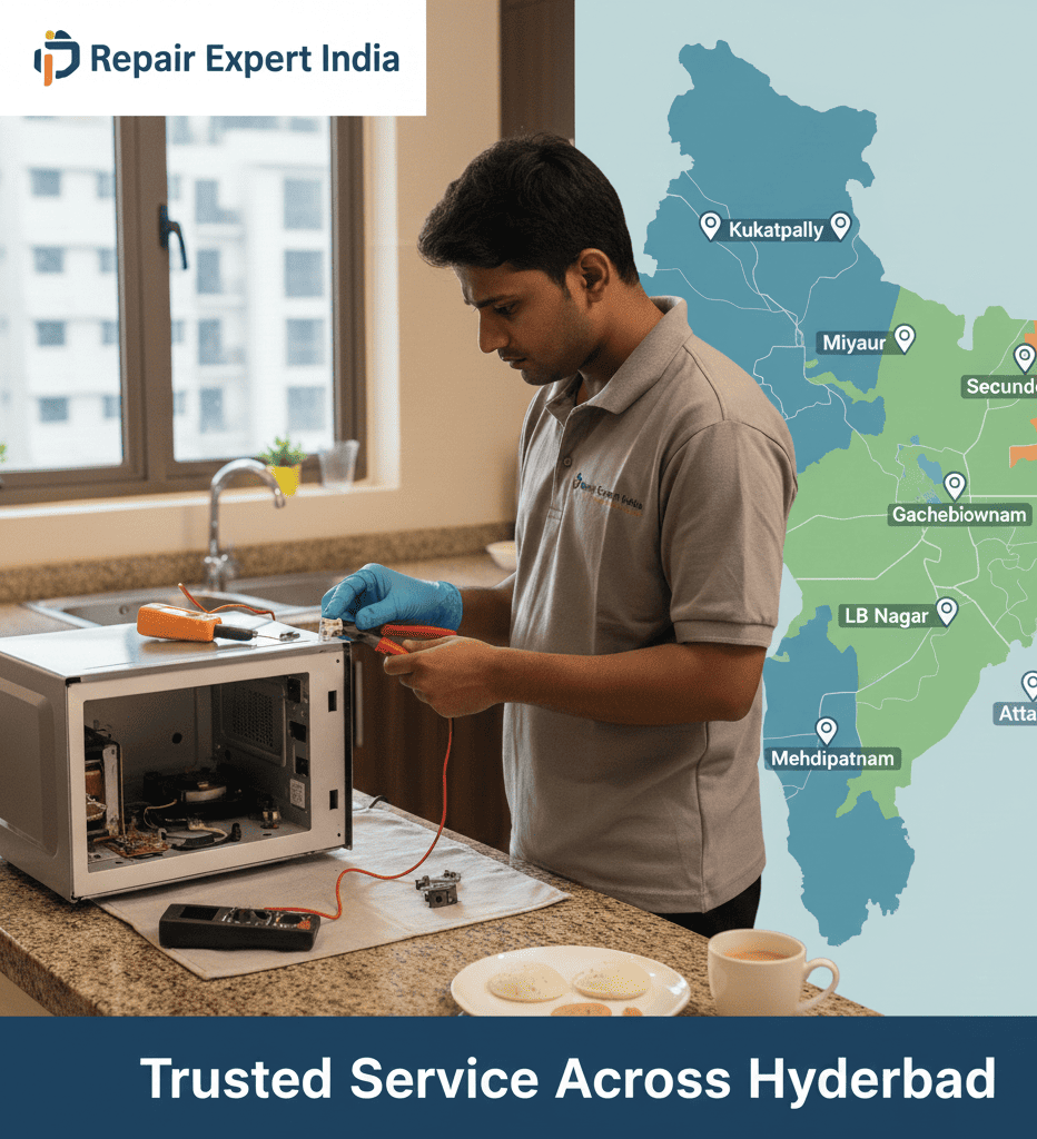 Close-up view of a microwave fuse and internal wiring being examined in a Hyderabad home.