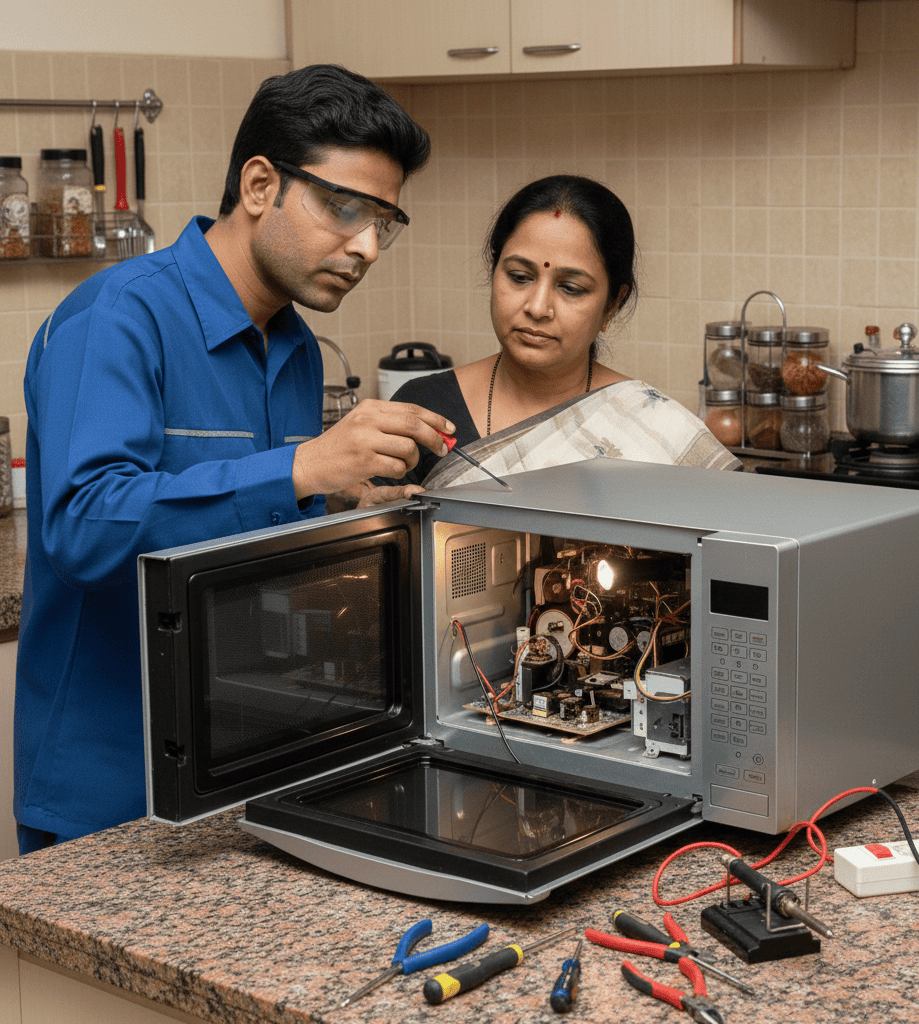 Use of professional tools and safety practices during microwave repair