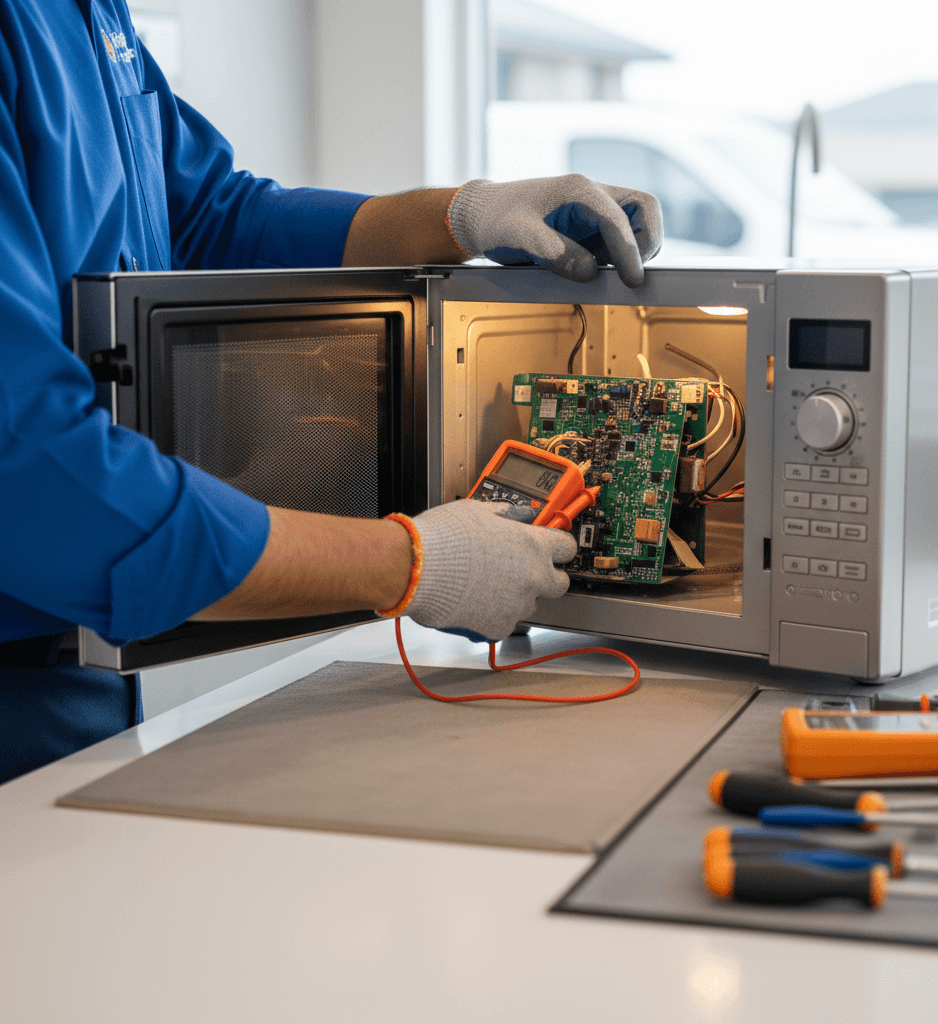Technician inspecting a microwave oven showing sparking inside during repair in Hyderabad.