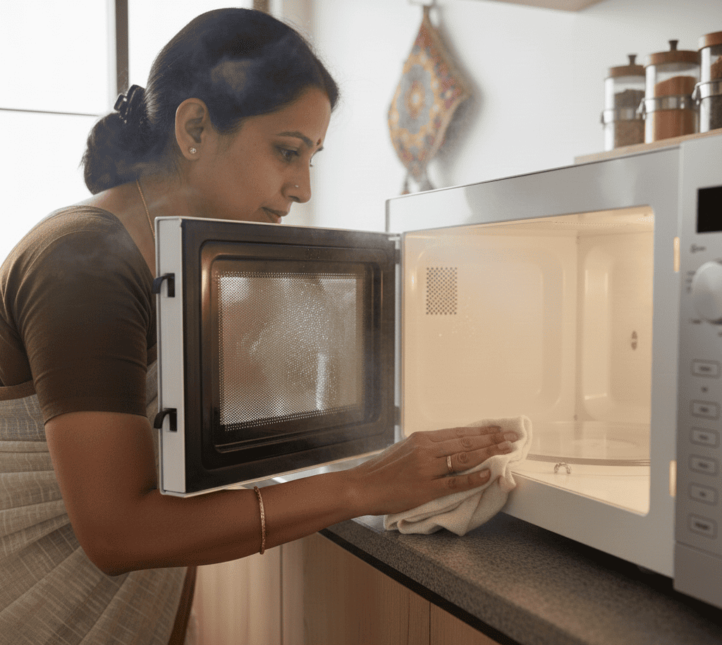 Wiping moisture from microwave interior to prevent rust formation