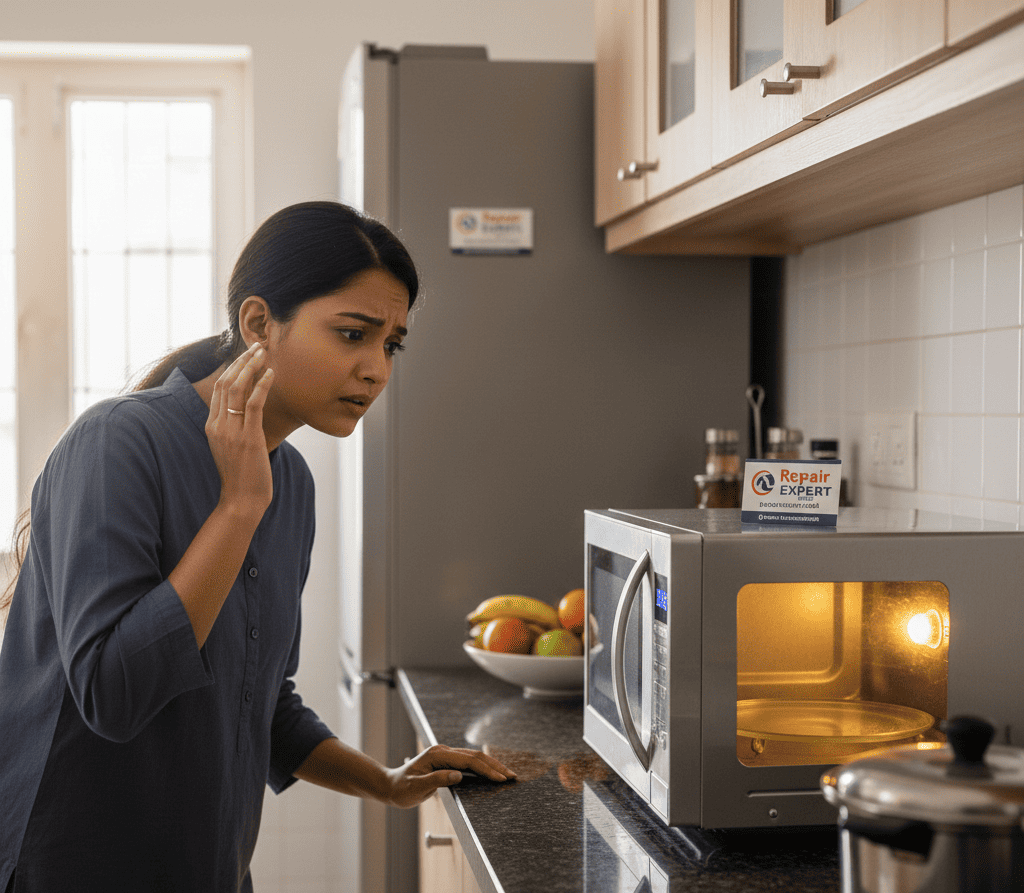 Woman in a Hyderabad kitchen hearing buzzing noise from her microwave.