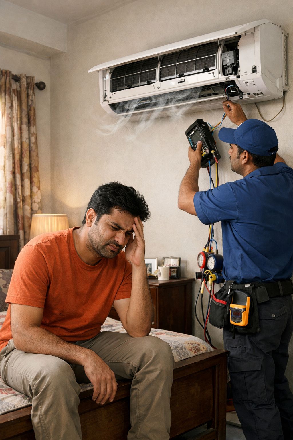AC technician checking outdoor condenser unit of a split air conditioner in Hyderabad