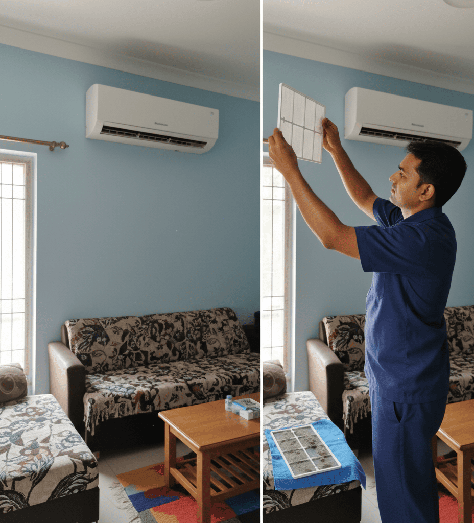 AC technician replacing air filter during professional AC service in Hyderabad home