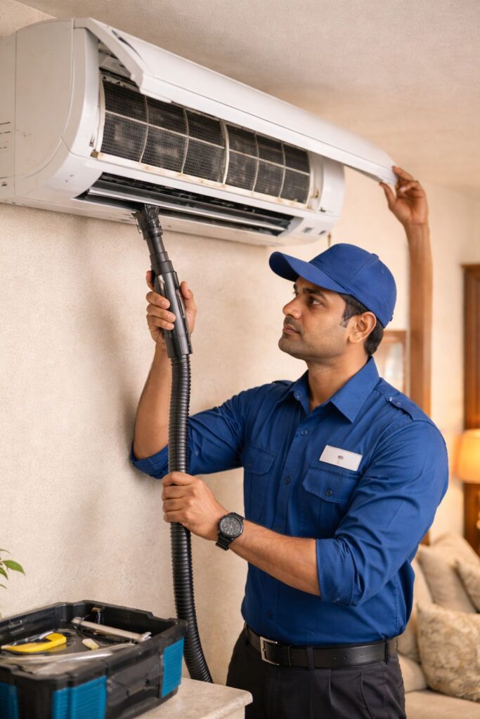 Professional AC technician cleaning indoor unit to remove bad smell in Hyderabad