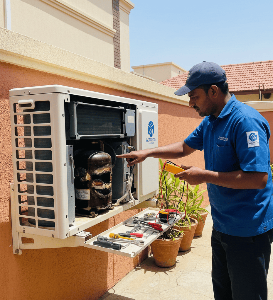AC outdoor unit fan running but compressor not working in Hyderabad home
