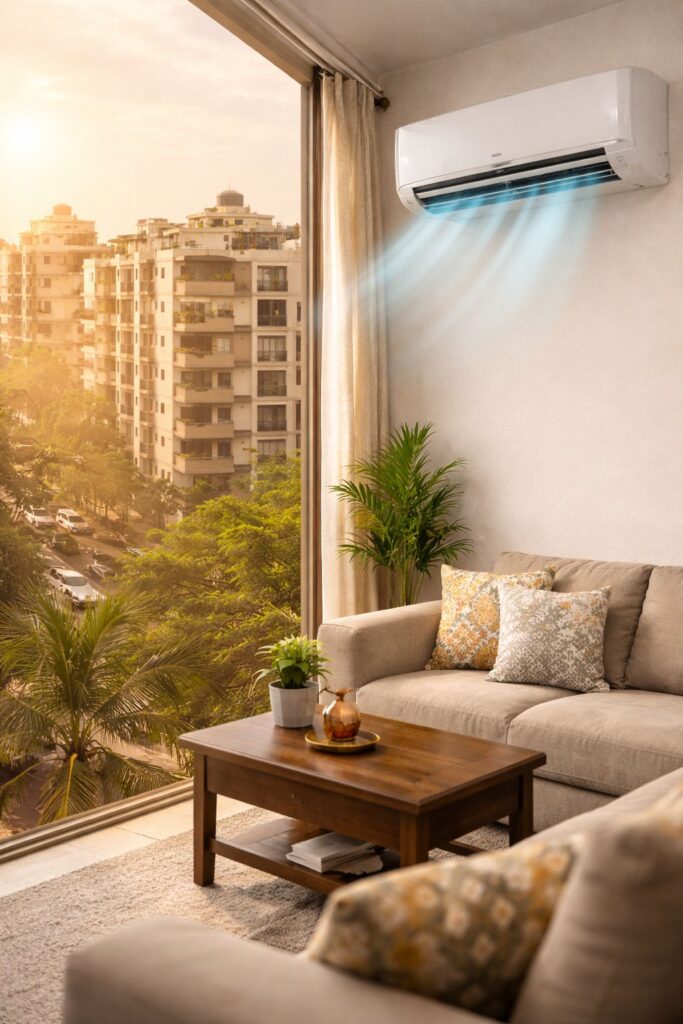 Air conditioner cooling room during Hyderabad summer heat