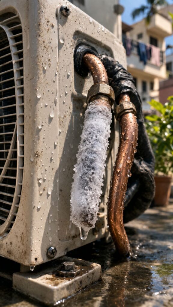 AC copper pipe ice formation low gas symptoms air conditioner