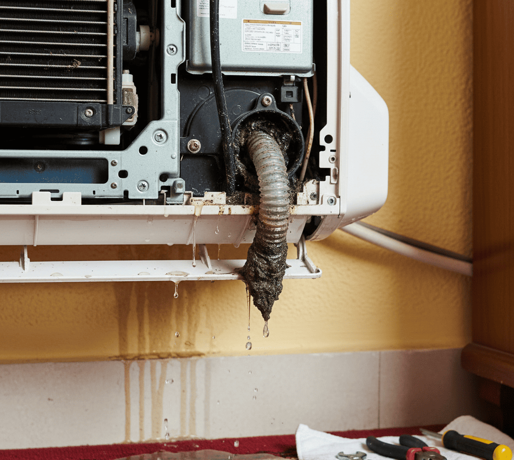 AC water leakage problem in Hyderabad where water is dripping from the indoor unit and damaging the wall.