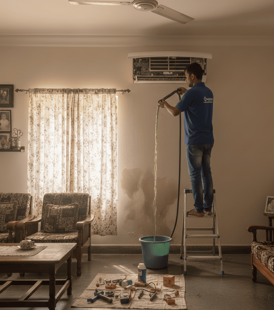 AC technician cleaning clogged drain pipe to fix water leakage in Kolkata apartment