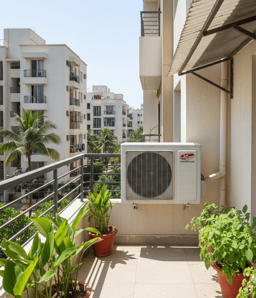 Well-ventilated AC outdoor unit improving energy efficiency in Hyderabad summer