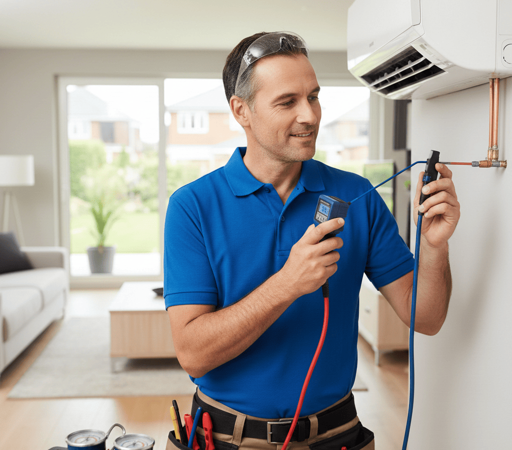 Professional technician detecting AC gas leakage during inspection