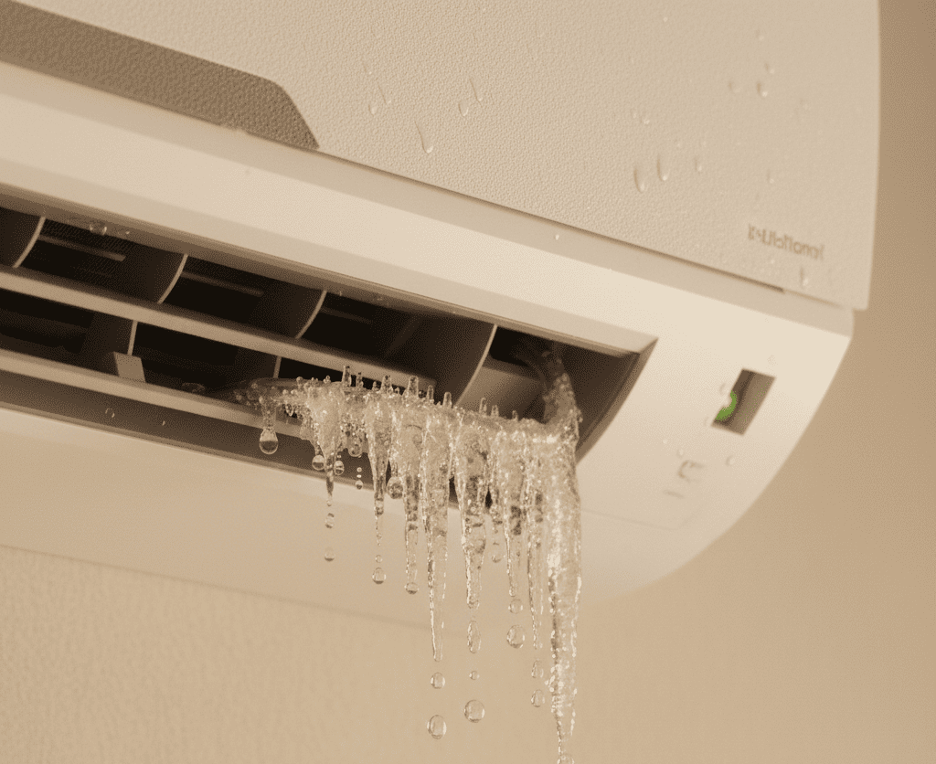 Ice formation on AC copper pipe indicating low gas level or refrigerant leakage