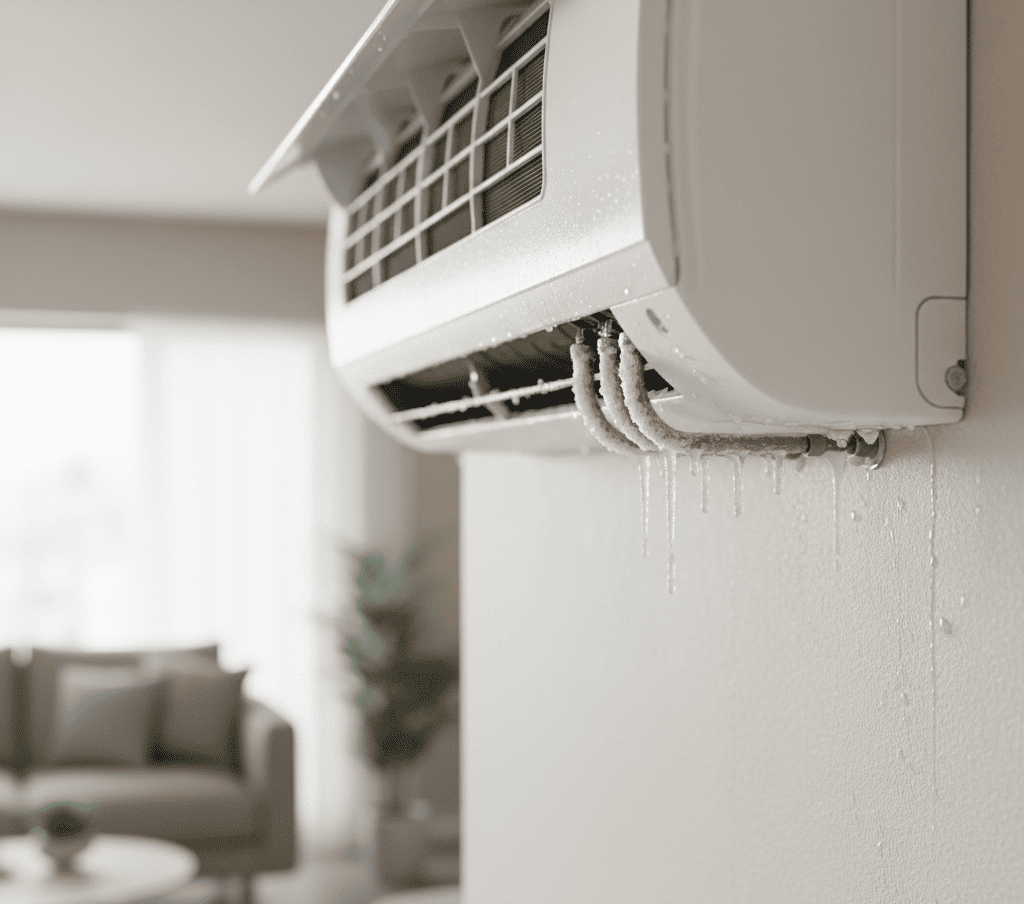 Early warning signs of AC gas leakage causing weak cooling and ice formation