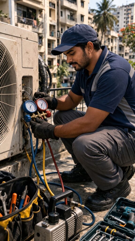 AC gas refill technician Hyderabad checking refrigerant pressure service