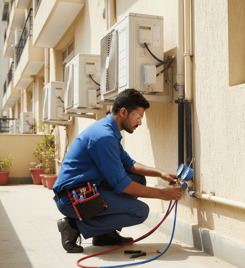 AC outdoor unit gas issue showing poor heat release in Hyderabad summer