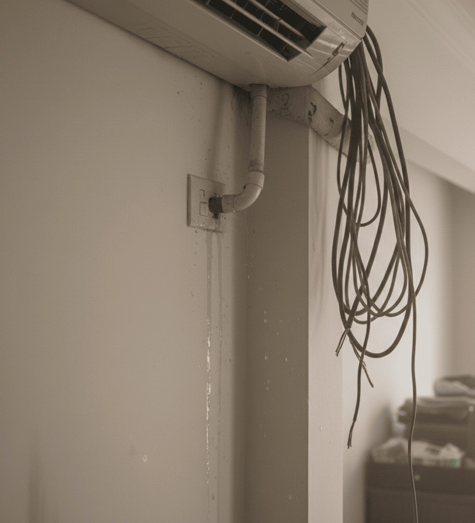 AC installation mistake showing wrong drain pipe slope and loose wiring in Kolkata