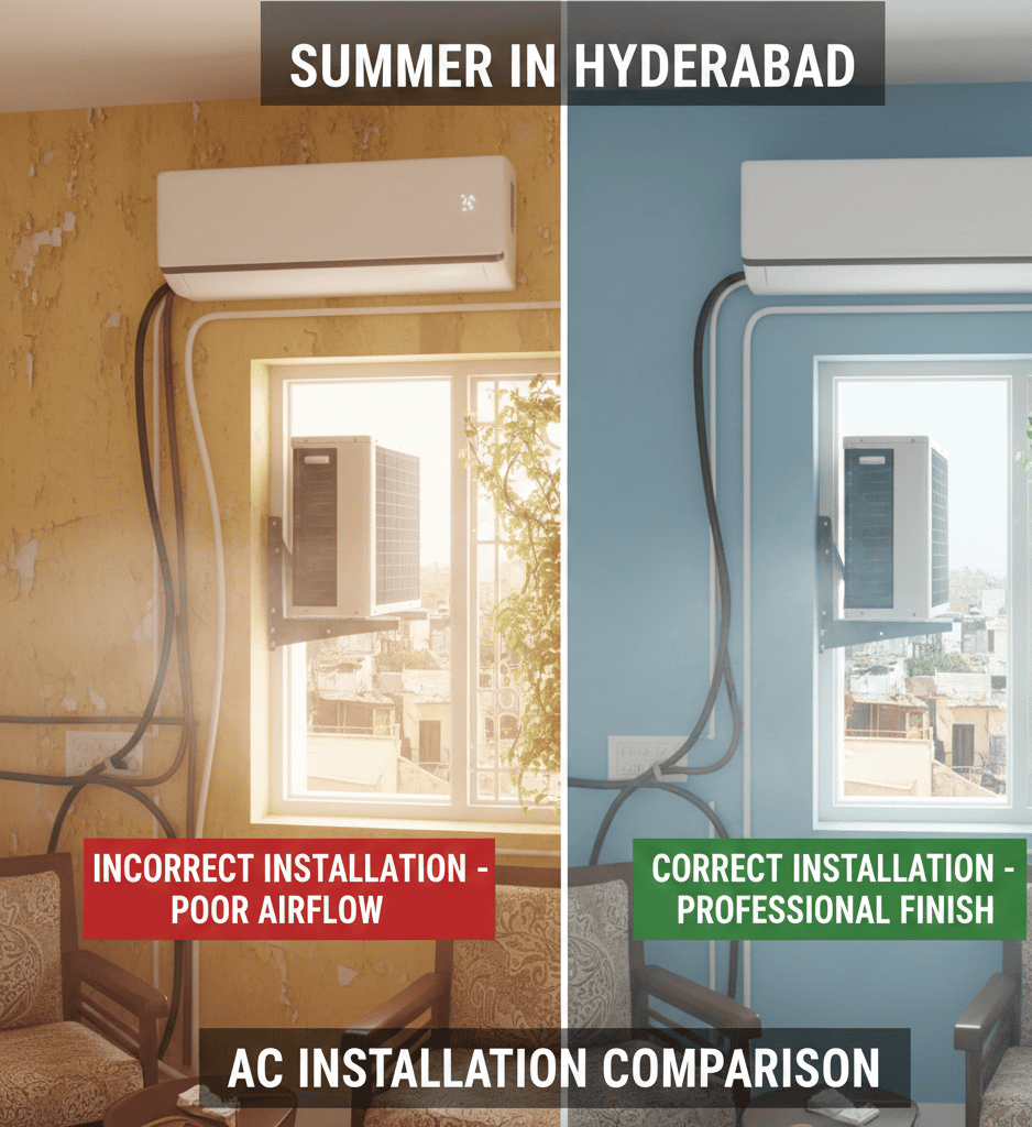 Common AC installation mistakes versus correct professional installation in Hyderabad homes affecting cooling and power usage.