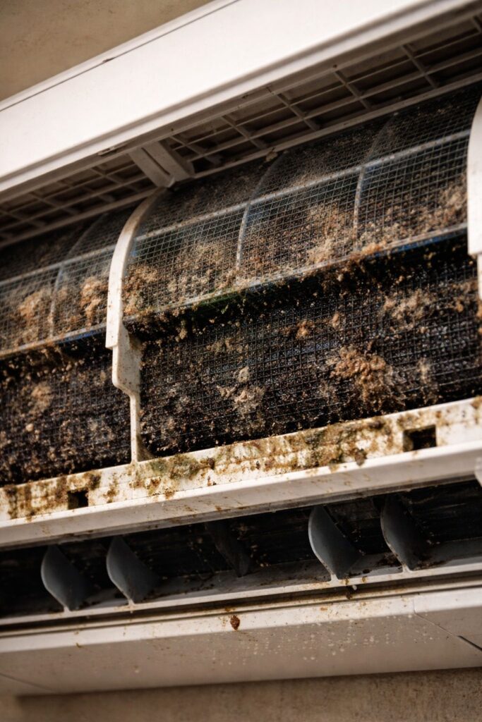 Mold and dirt buildup inside AC filter causing bad smell and poor air quality