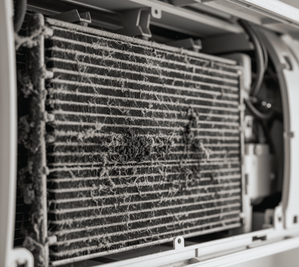 Mold and dust buildup inside an air conditioner causing foul smell when switched on