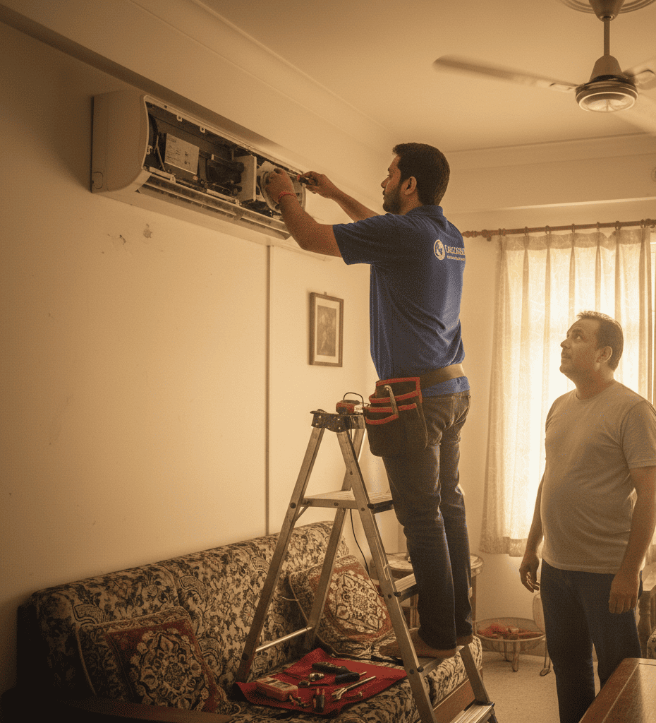 AC technician repairing noisy split AC in Kolkata apartment