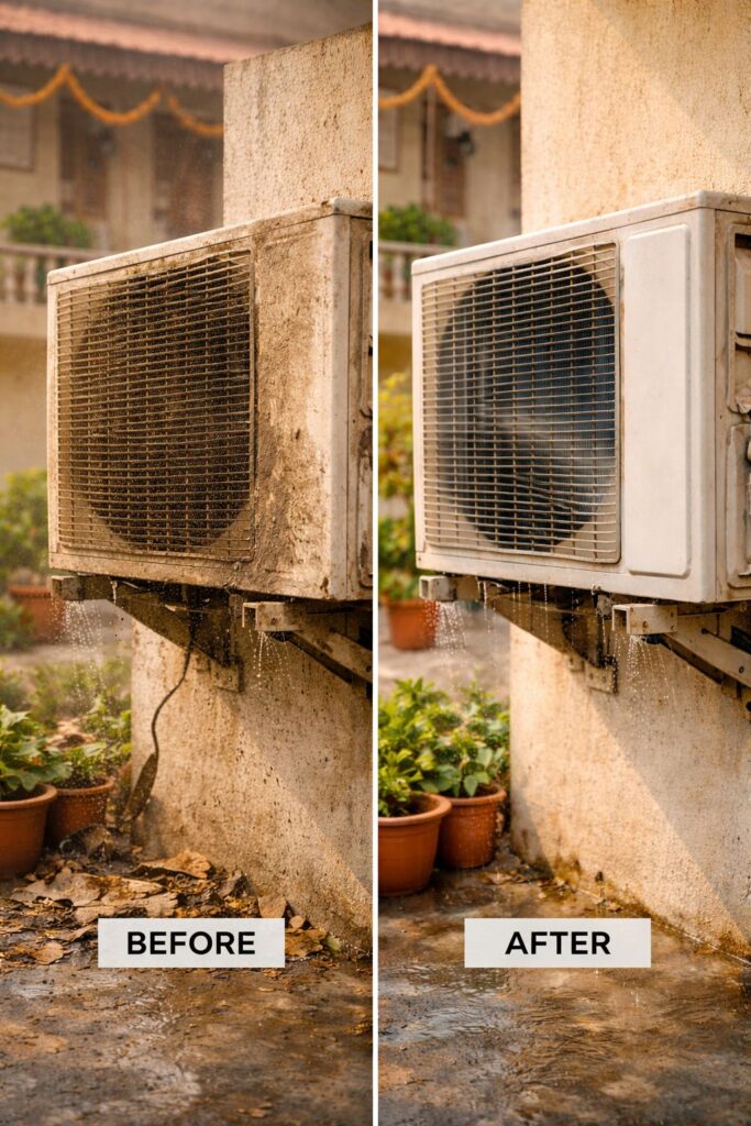 Dirty vs clean AC outdoor unit comparison showing improved performance after cleaning