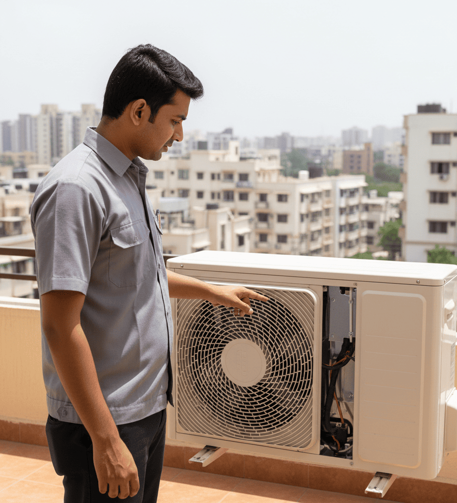 AC outdoor unit compressor running with low gas symptoms in Hyderabad climate