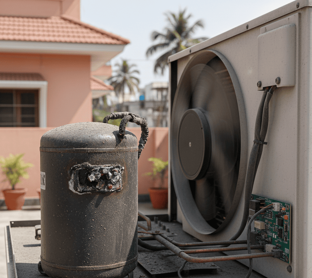 AC compressor not working in Hyderabad, technician inspecting split AC outdoor unit for cooling problem