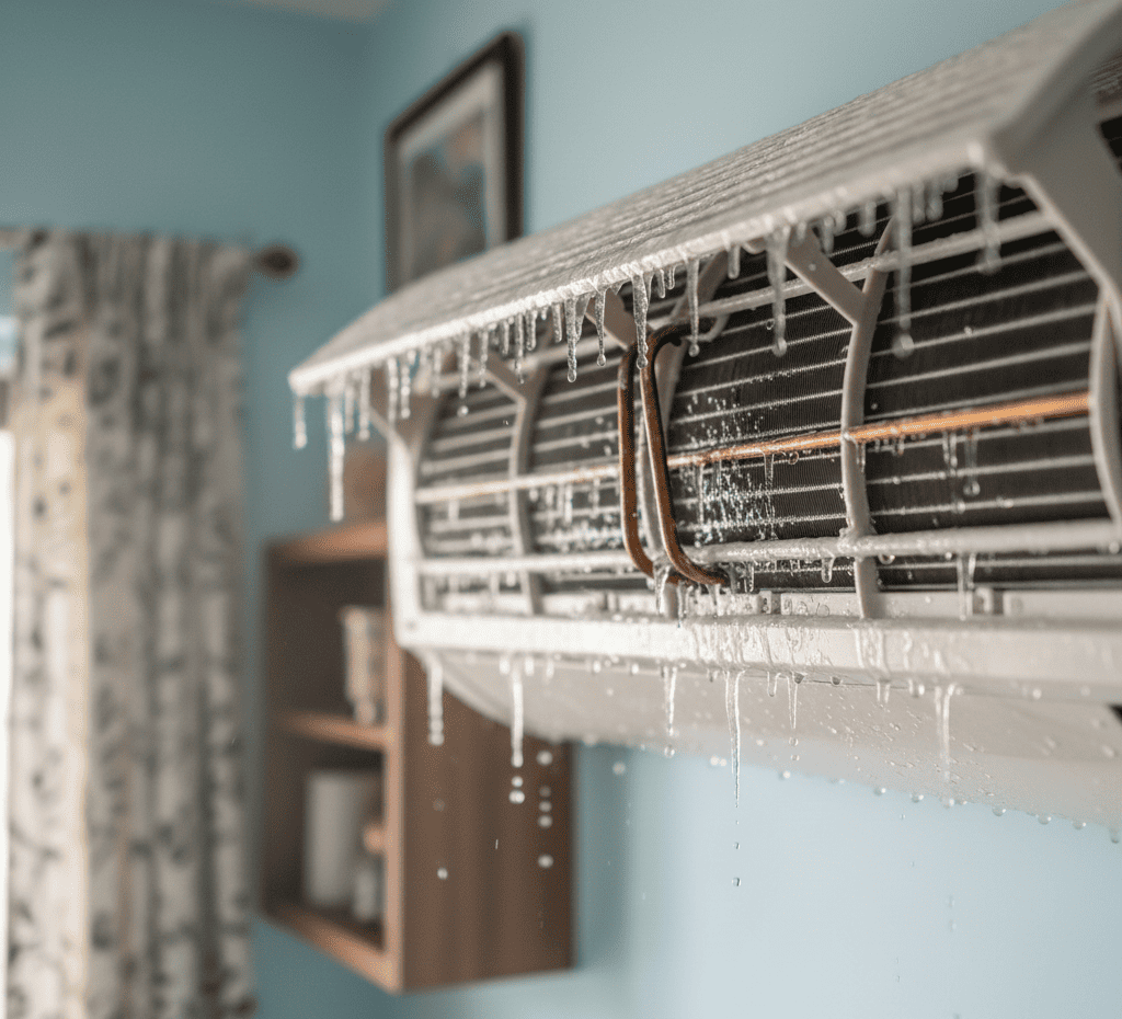 Ice formation on AC indoor unit caused by low refrigerant gas in Hyderabad homes