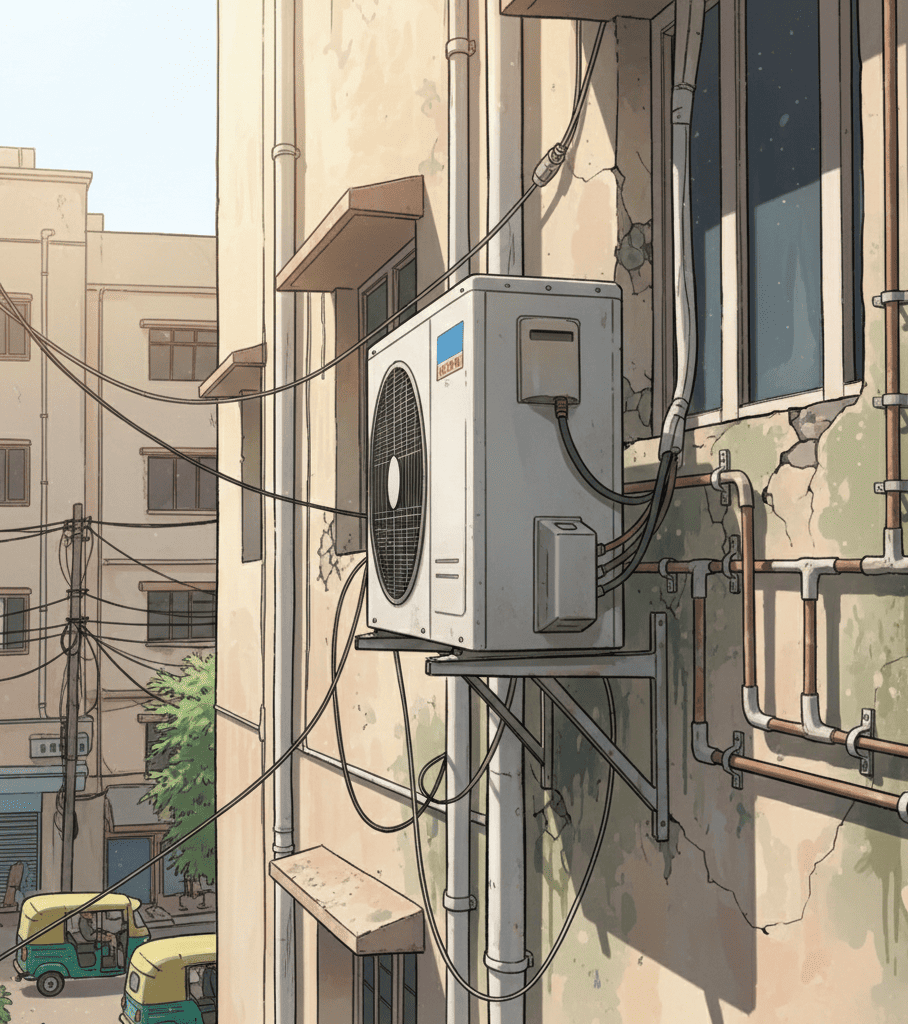 Improper AC outdoor unit installation in Hyderabad with poor ventilation and incorrect copper piping.