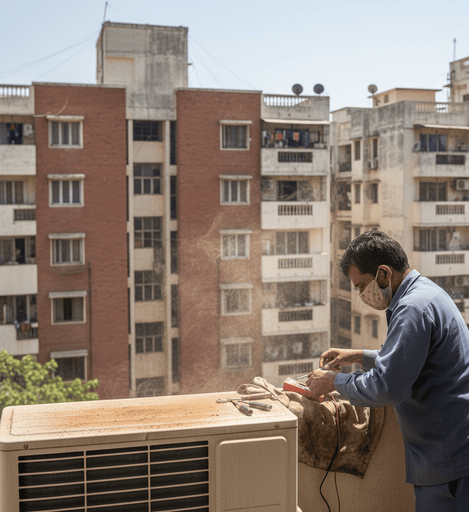 Overheated AC outdoor unit causing cooling failure in Hyderabad apartment