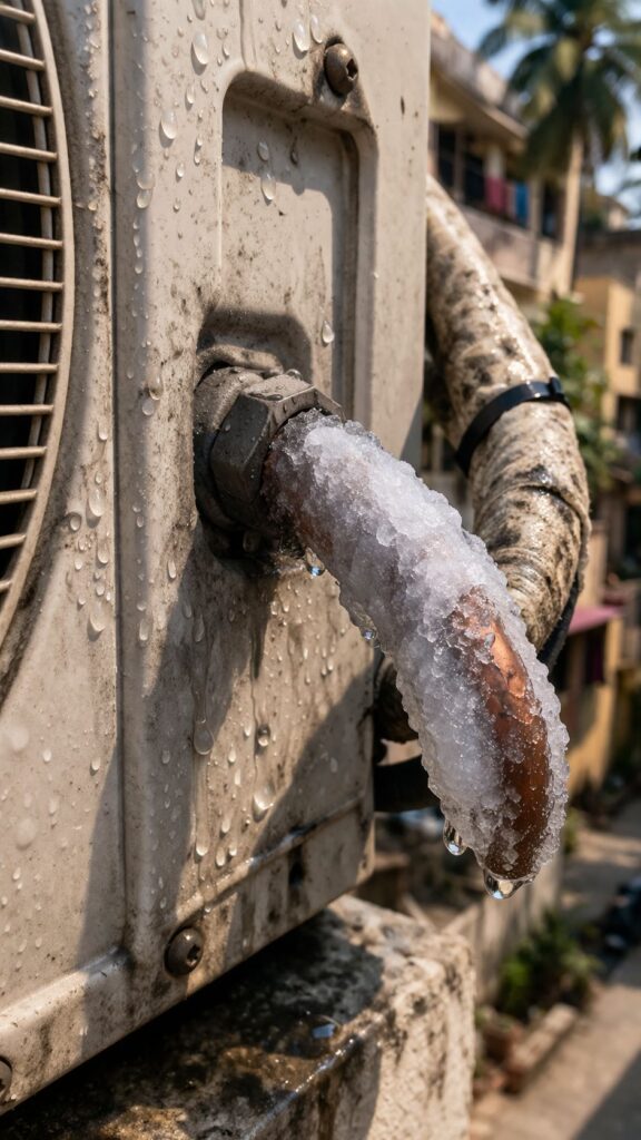 AC pipe ice formation low gas sign air conditioner refrigerant problem