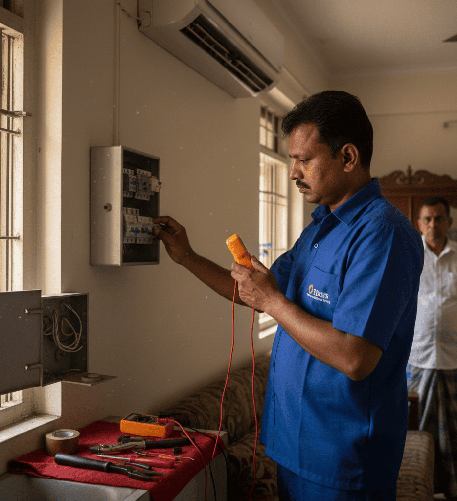 AC technician checking MCB and electrical issue causing power tripping in Kolkata