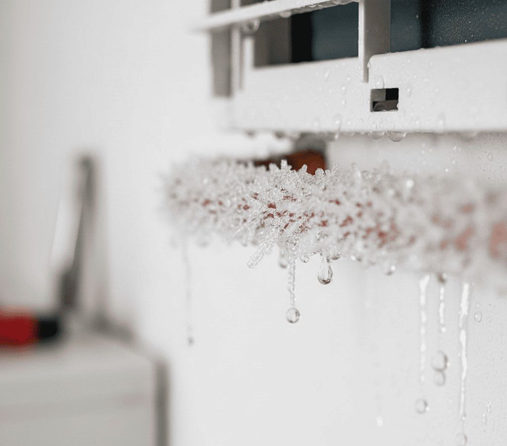 AC refrigerant gas leakage visible on copper pipe with frost