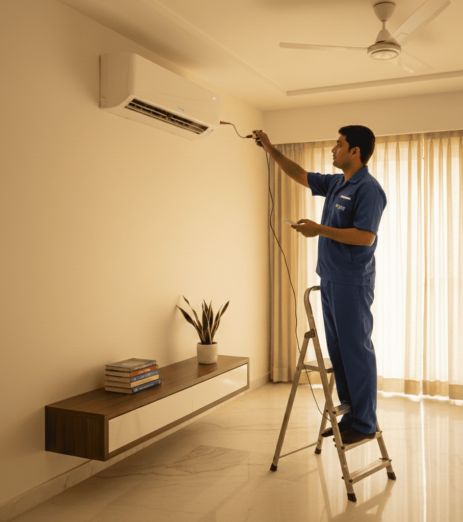 AC technician checking indoor unit sensor for AC remote problem in Hyderabad