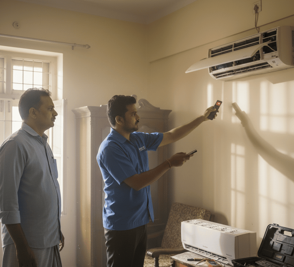 AC technician checking remote sensor and receiver issue in Kolkata home