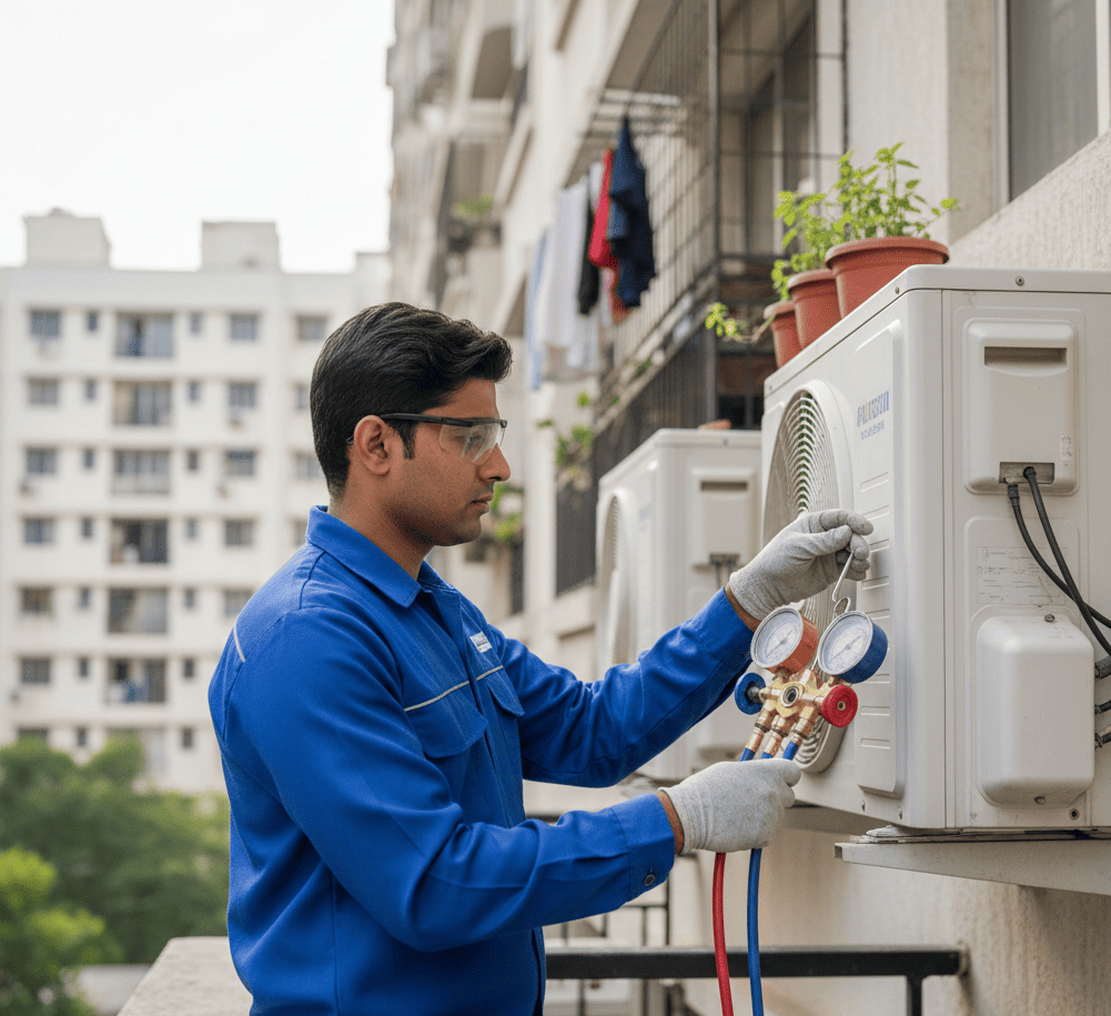 Professional AC technician checking gas pressure during service in Kolkata