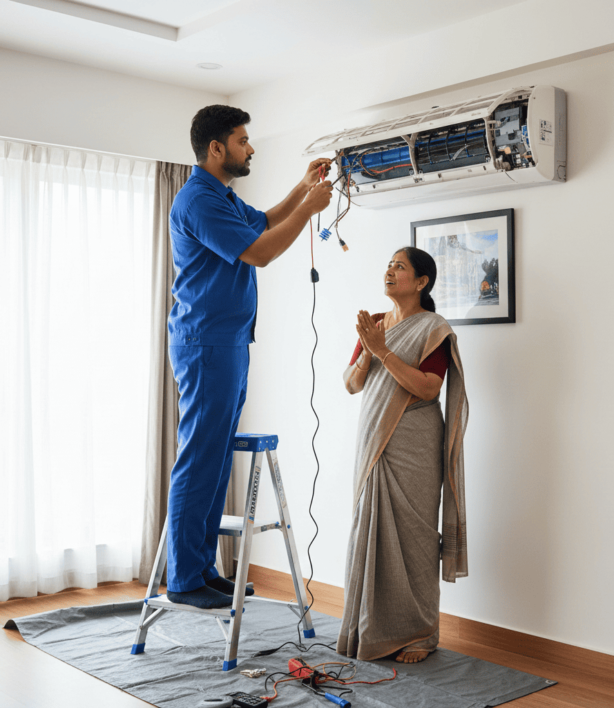 Professional AC technician repairing AC that is blowing hot air in Hyderabad