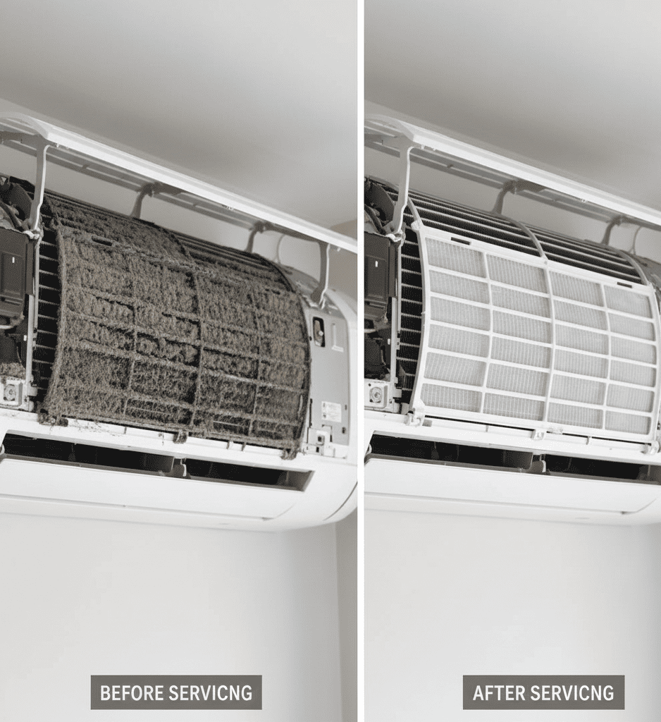 Before and after professional AC servicing showing clean filters and coils