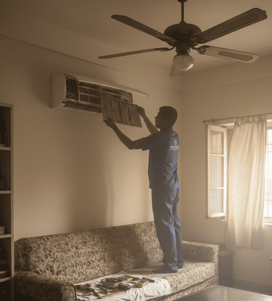 AC technician servicing split AC to improve cooling efficiency in Kolkata