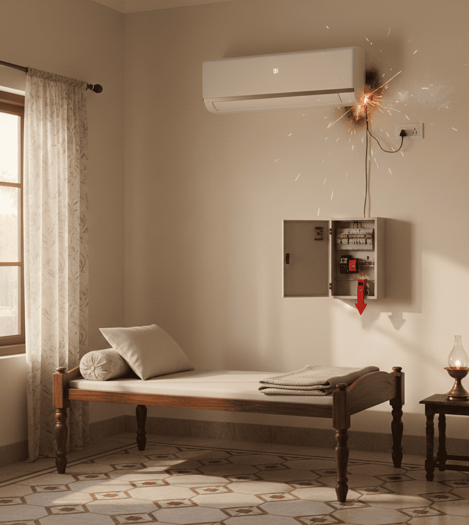 AC short circuit risk due to faulty wiring and power overload in Hyderabad home
