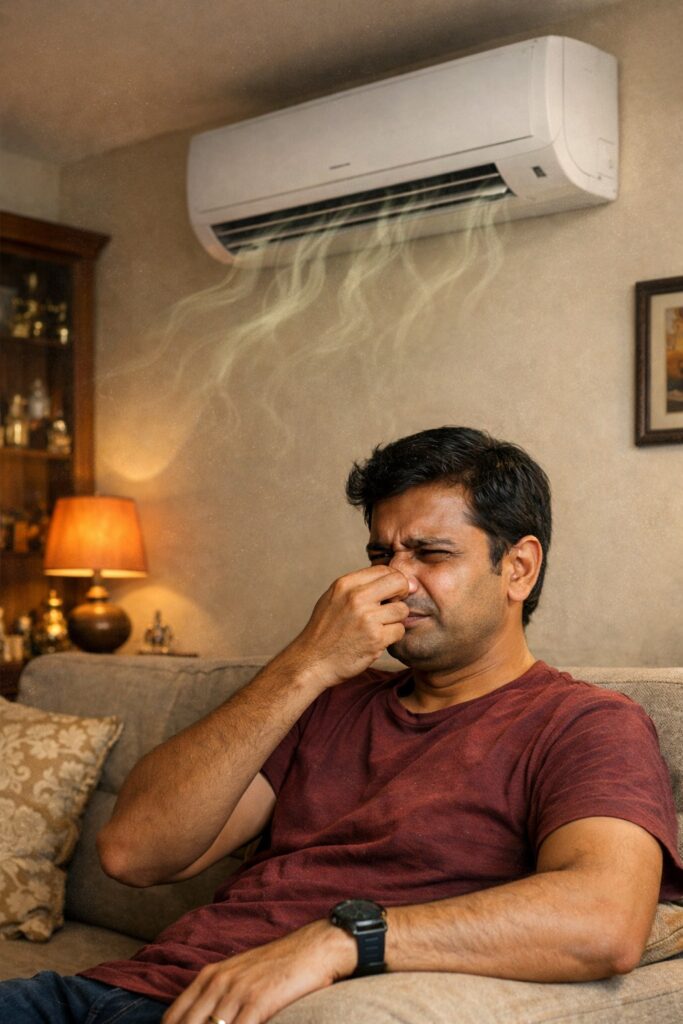 Person feeling uncomfortable due to bad smell from AC in Hyderabad home