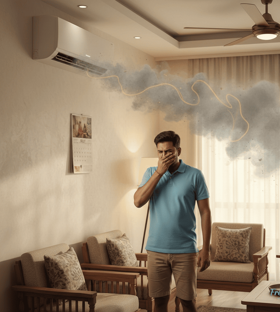 AC smells bad when turned on in a Hyderabad home due to dirt and moisture buildup