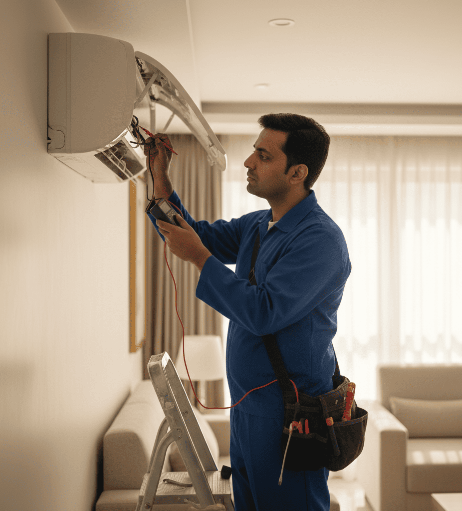 AC technician inspecting indoor unit blinking light problem in Hyderabad