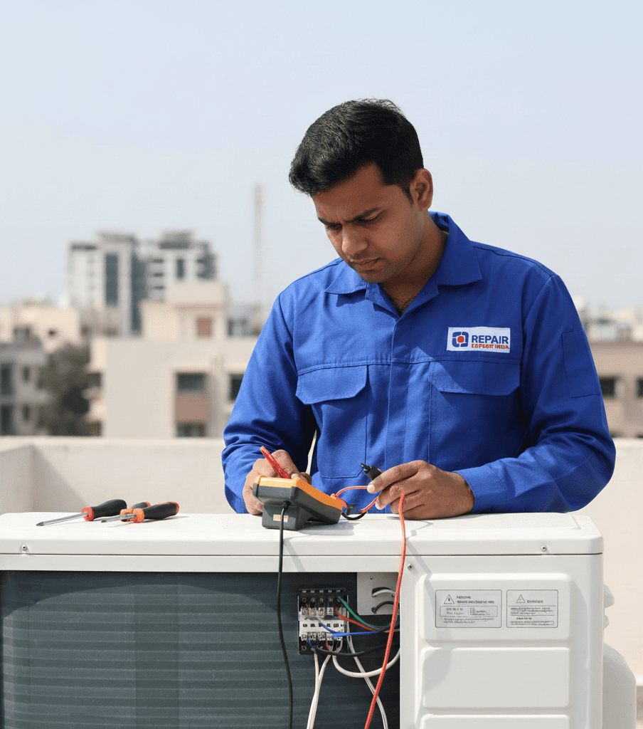 AC technician inspecting electrical connections to fix AC power tripping in Hyderabad