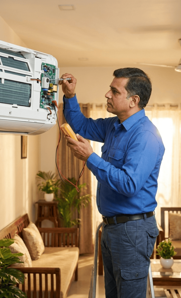 AC technician checking remote sensor issue inside indoor unit