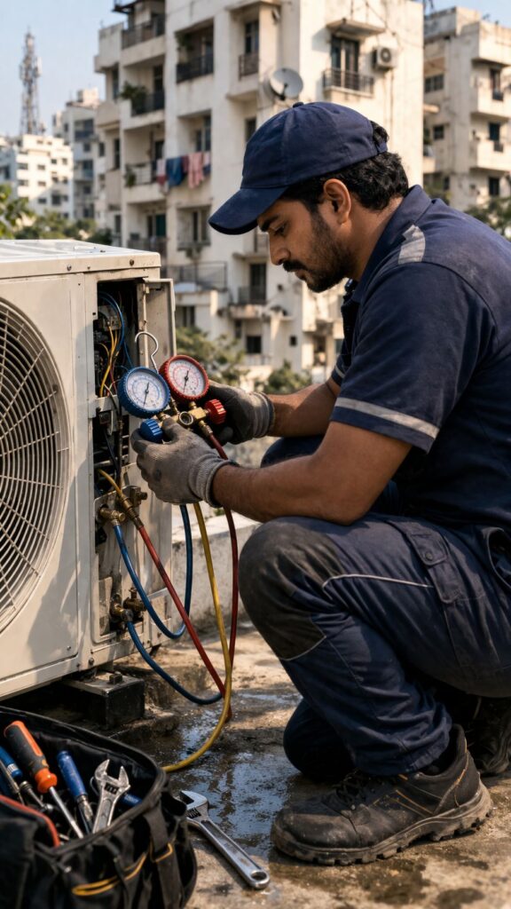 AC technician checking gas pressure Hyderabad AC service