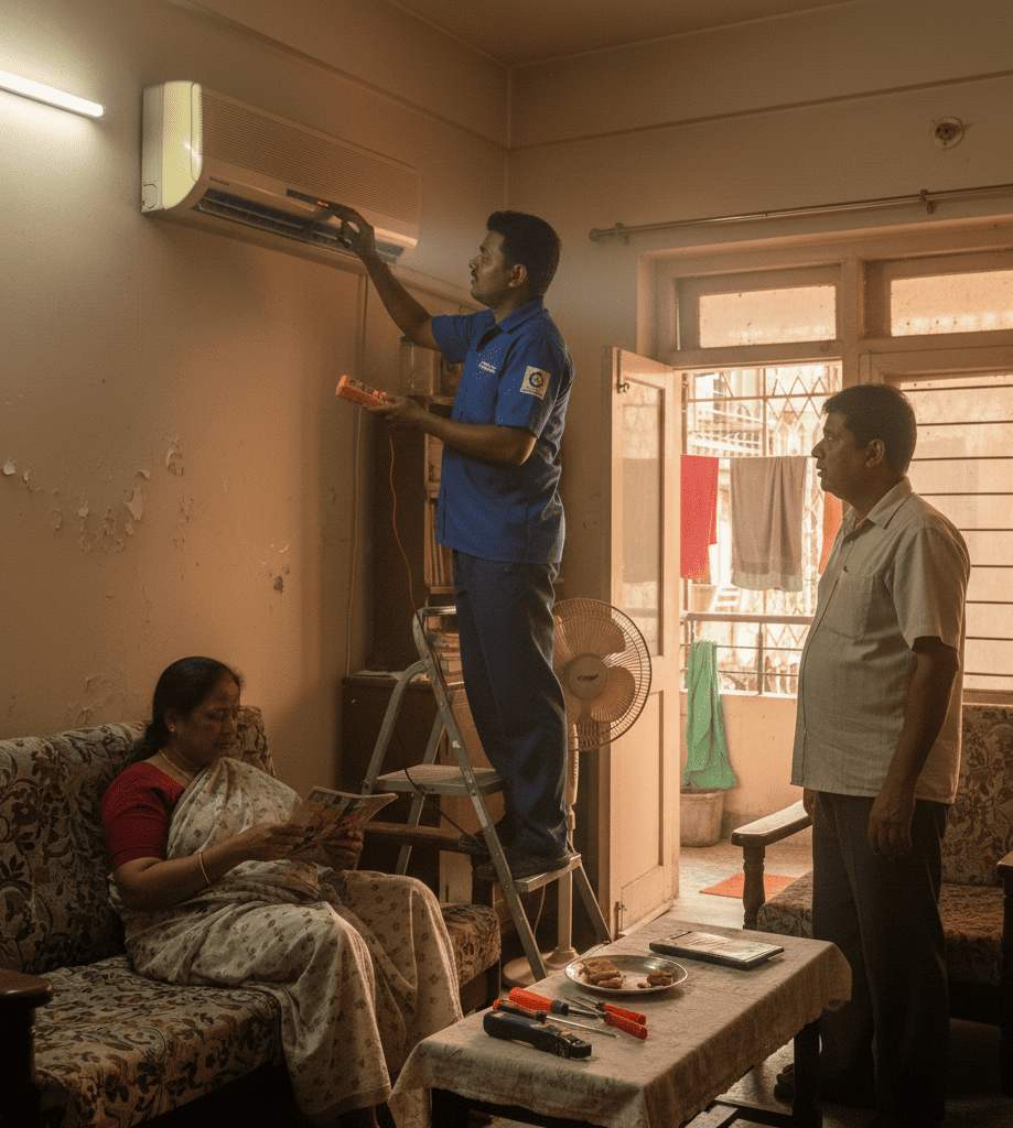 AC technician inspecting an old air conditioner in a Kolkata home