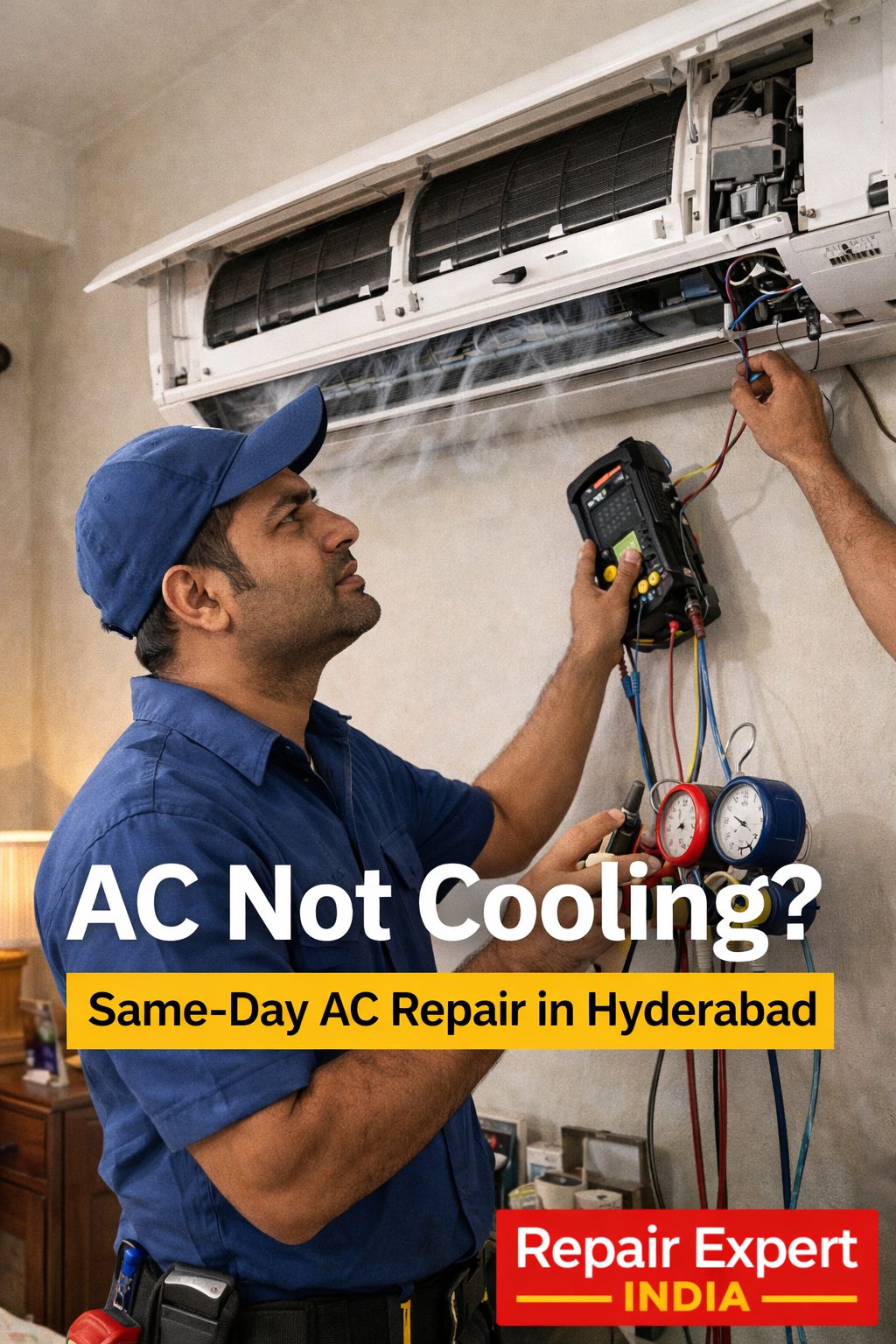 professional AC technician repairing a split air conditioner cooling problem in Hyderabad