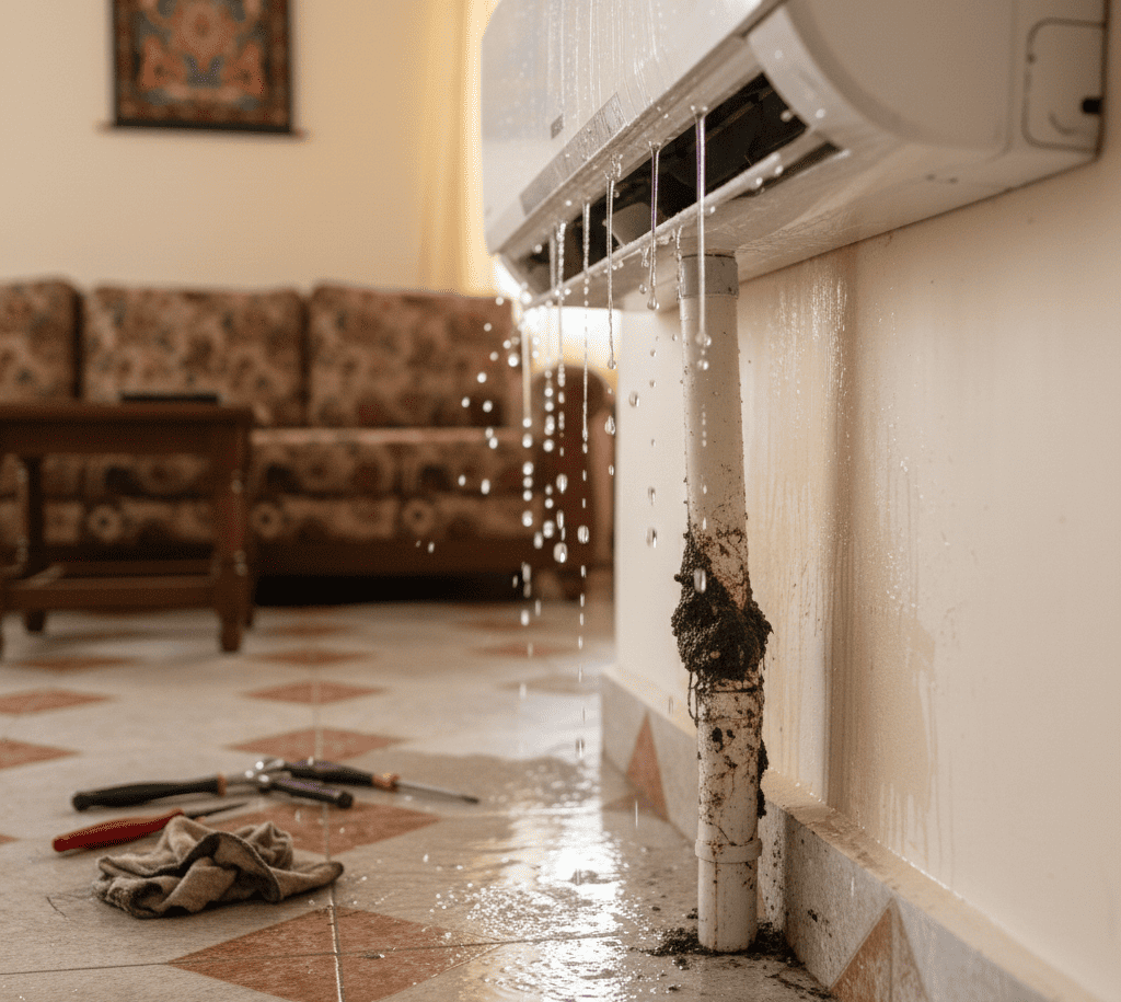 Professional AC technician repairing indoor unit water leakage problem in a Hyderabad home.