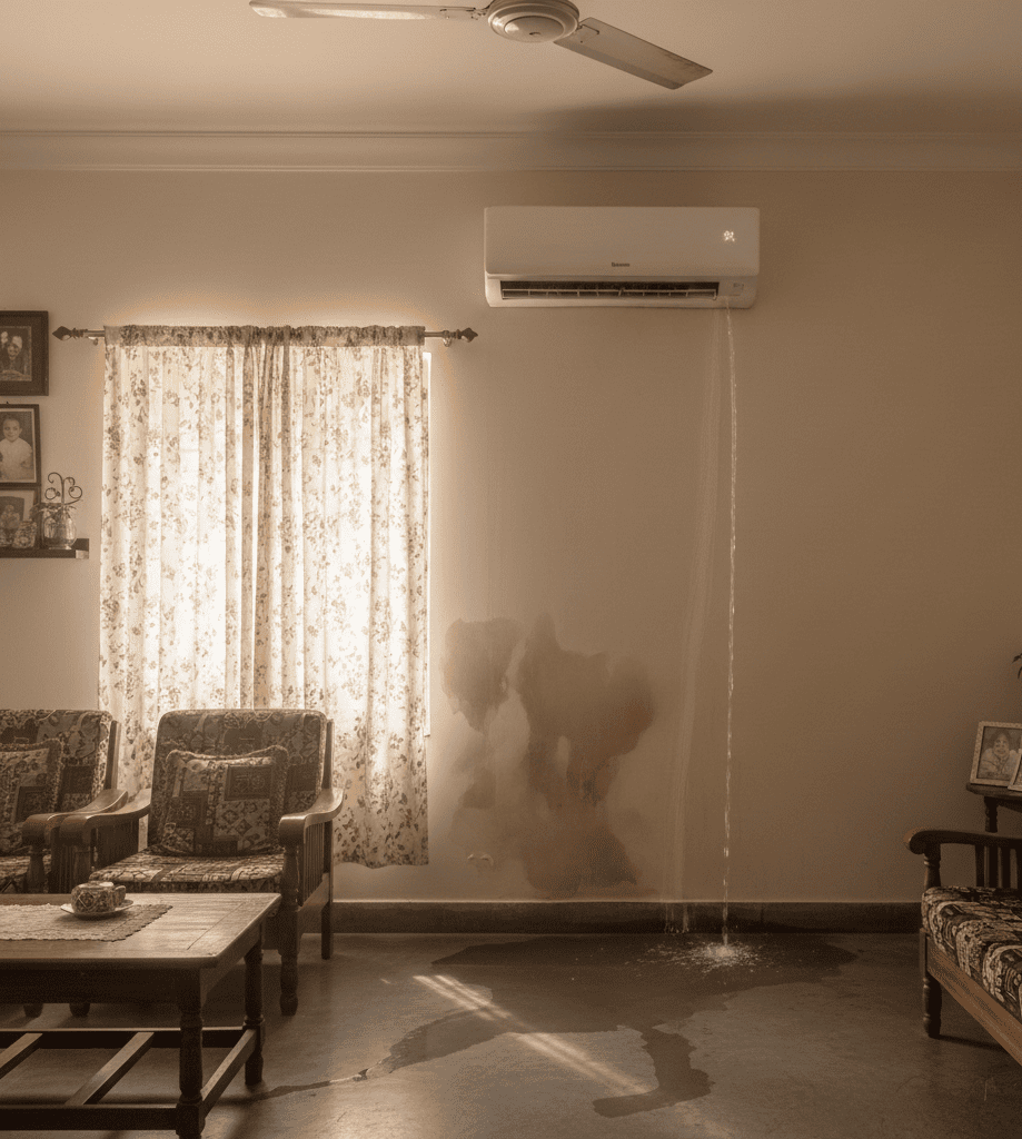 Split AC water leakage problem in a Kolkata home with water dripping from indoor unit